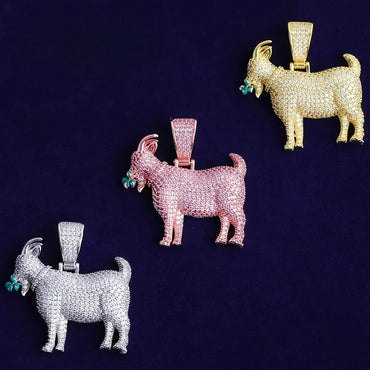 Iced Out "Grazing Goat" G.O.A.T. Pendant | Men's Real Copper CZ Necklace - CaratixJewelry