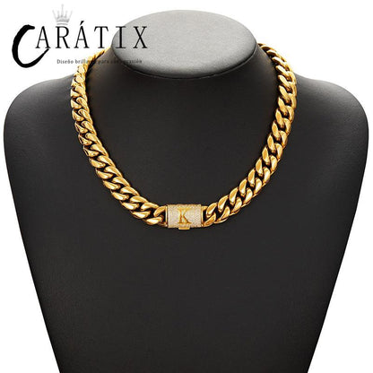 CARÁTIX - Hip Hop Bling Iced Out Letters Button Stainless Steel 14mm Round Cuban Miami Link Chain Necklace for Men Rapper Jewelry Black Valentine's Day Gift for Men & Girls & Boys Mothers' Day Gift #Springtok