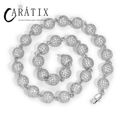 CARÁTIX 10mm Beads Link Chain Necklace – Full CZ Iced Out Hip Hop Bling Jewelry for Men & Women | Rapper Choker Gift
