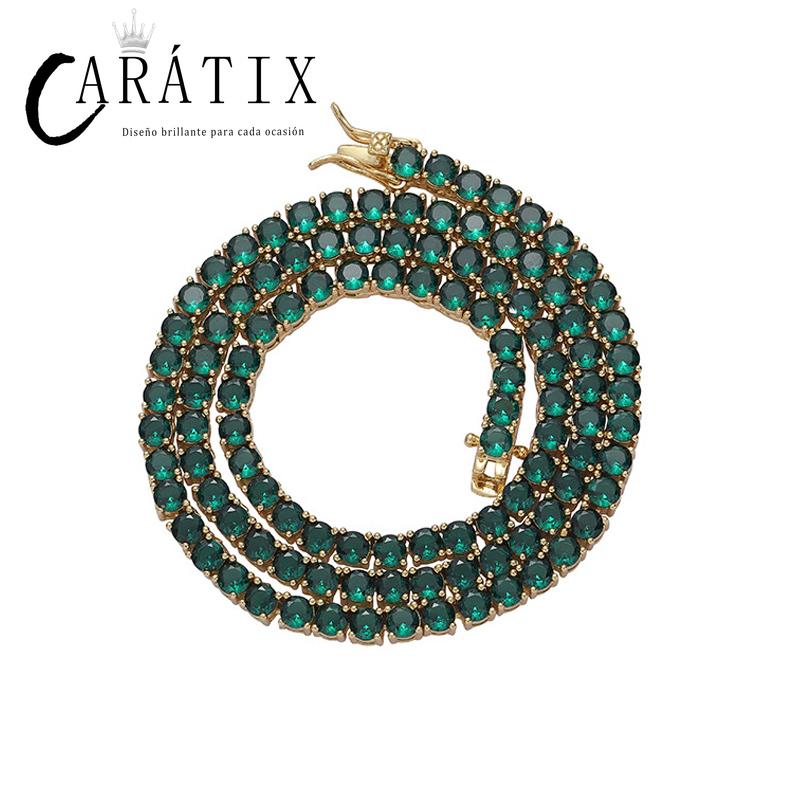 CARÁTIX - 4mm Hip Hop Green Zircon Set Bling Iced Out 1 Row CZ Stone Tennis Link Chain Chokers Necklaces for Men Women Rapper Jewelry Valentine's Day Gift for Men & Girls & Boys Mothers' Day Gift #Springtok