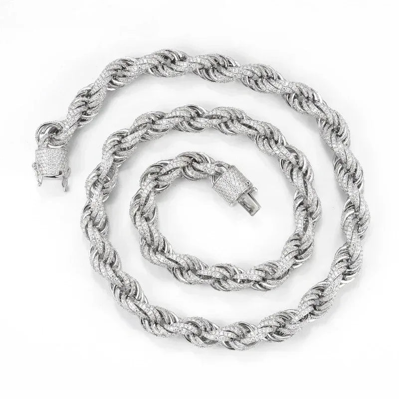 10mm Moissanite Rope Chain Necklace | S925 Silver Hip Hop Jewelry - CaratixJewelry