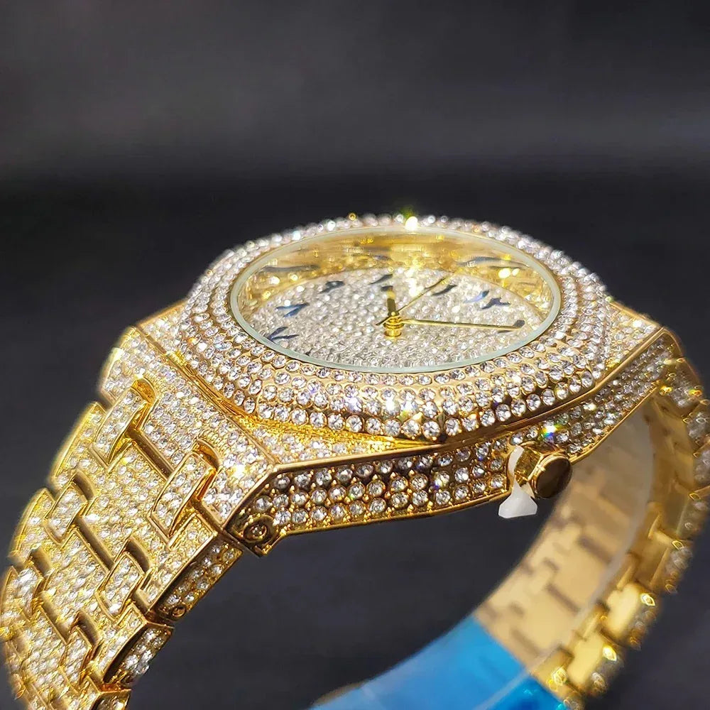 Luxury Octagonal Gold Watch for Men | Blue Numerals Full Iced Out Watch | Waterproof Calendar Hip Hop Wristwatch | Caratix - CaratixJewelry