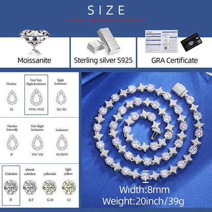 Solid Sterling Silver Circle Star Moissanite Diamond Iced Hip Hop Chain Necklace – Bold Statement Jewelry
