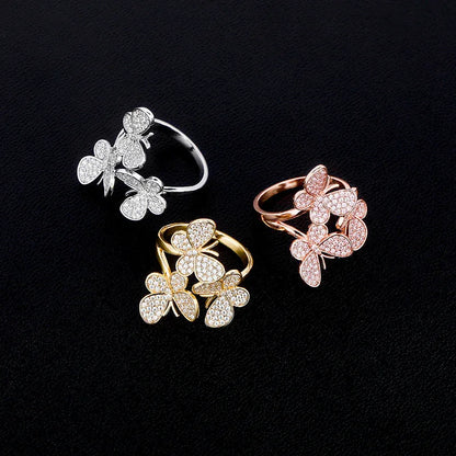 Triple Butterfly Adjustable Ring | Iced Out Micro-Pave Band | Caratix