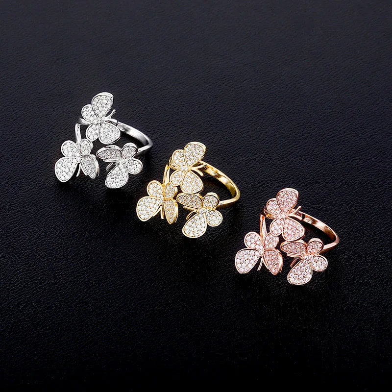 Triple Butterfly Adjustable Ring | Iced Out Micro-Pave Band | Caratix