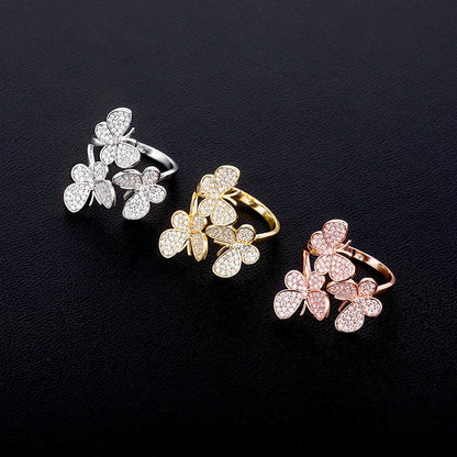 Triple Butterfly Adjustable Ring | Iced Out Micro-Pave Band | Caratix
