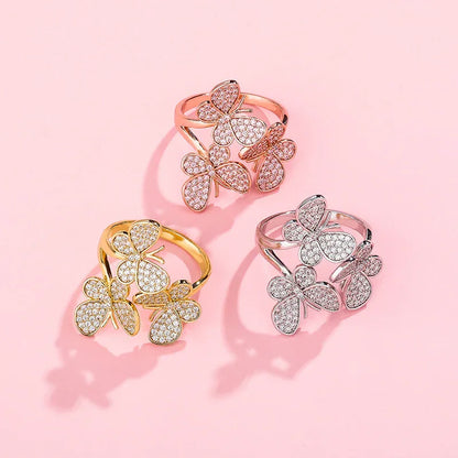 Triple Butterfly Adjustable Ring | Iced Out Micro-Pave Band | Caratix