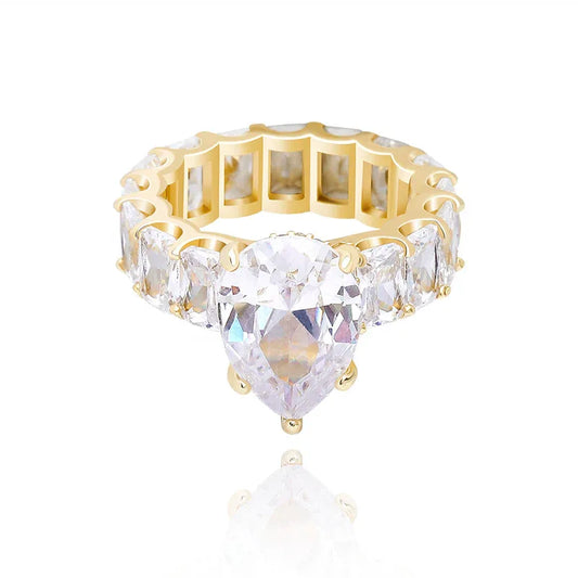 Women's Iced Out Pear Shape Ring | Teardrop Motif Pave Band | Caratix