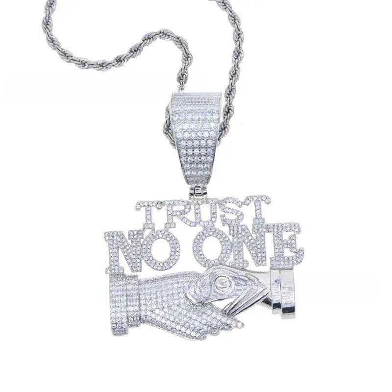 Iced Out "TRUST NO ONE" Handshake Pendant | Men's Real Copper CZ Necklace - CaratixJewelry