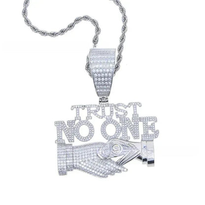 Iced Out "TRUST NO ONE" Handshake Pendant | Men's Real Copper CZ Necklace - CaratixJewelry