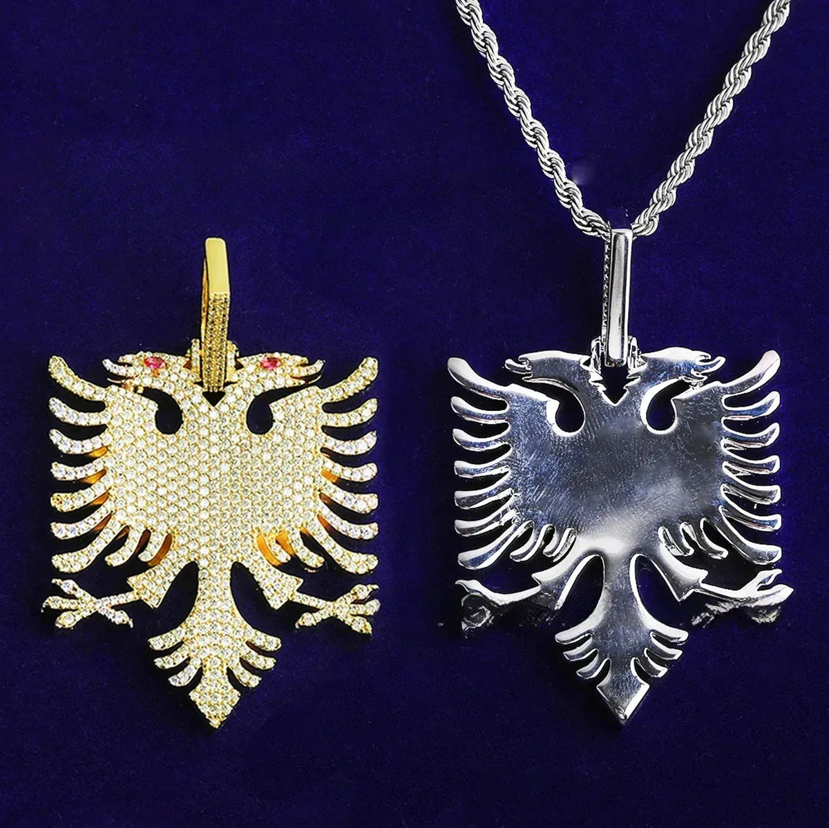 Iced Out Albanian Double-Headed Eagle Pendant | Men's Real Copper CZ Necklace - CaratixJewelry