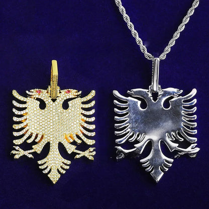 Iced Out Albanian Double-Headed Eagle Pendant | Men's Real Copper CZ Necklace - CaratixJewelry