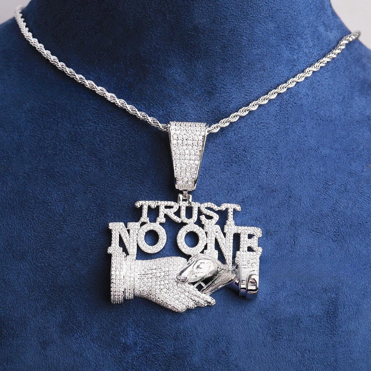 Iced Out "TRUST NO ONE" Handshake Pendant | Men's Real Copper CZ Necklace - CaratixJewelry