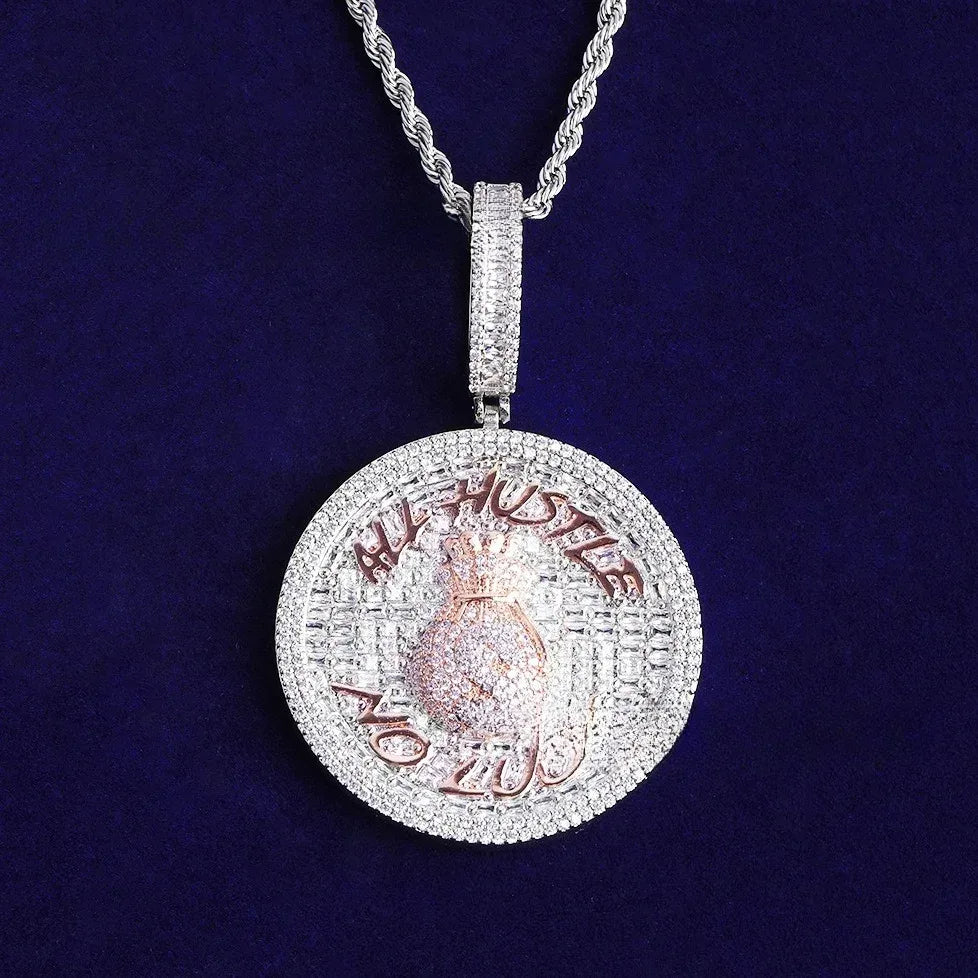 Iced Out "ALL HUSTLE NO LUCK" Medallion | Men's Round Letter Pendant - CaratixJewelry