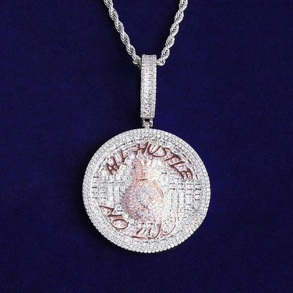 Iced Out "ALL HUSTLE NO LUCK" Medallion | Men's Round Letter Pendant - CaratixJewelry