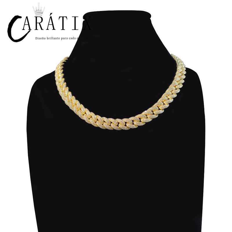 CARÁTIX – 14mm Iced Out 3-Row Round Cuban Miami Link Chain Necklace | Hip Hop CZ Cuban Chain for Men & Women