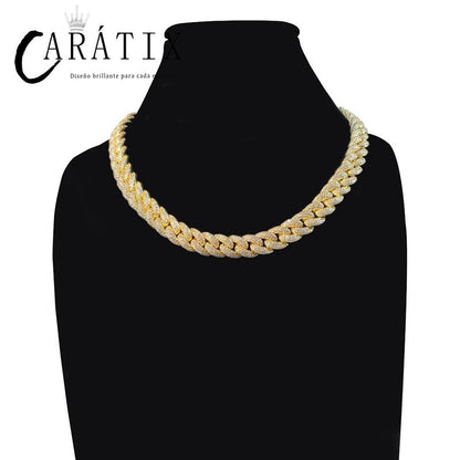 CARÁTIX – 14mm Iced Out 3-Row Round Cuban Miami Link Chain Necklace | Hip Hop CZ Cuban Chain for Men & Women