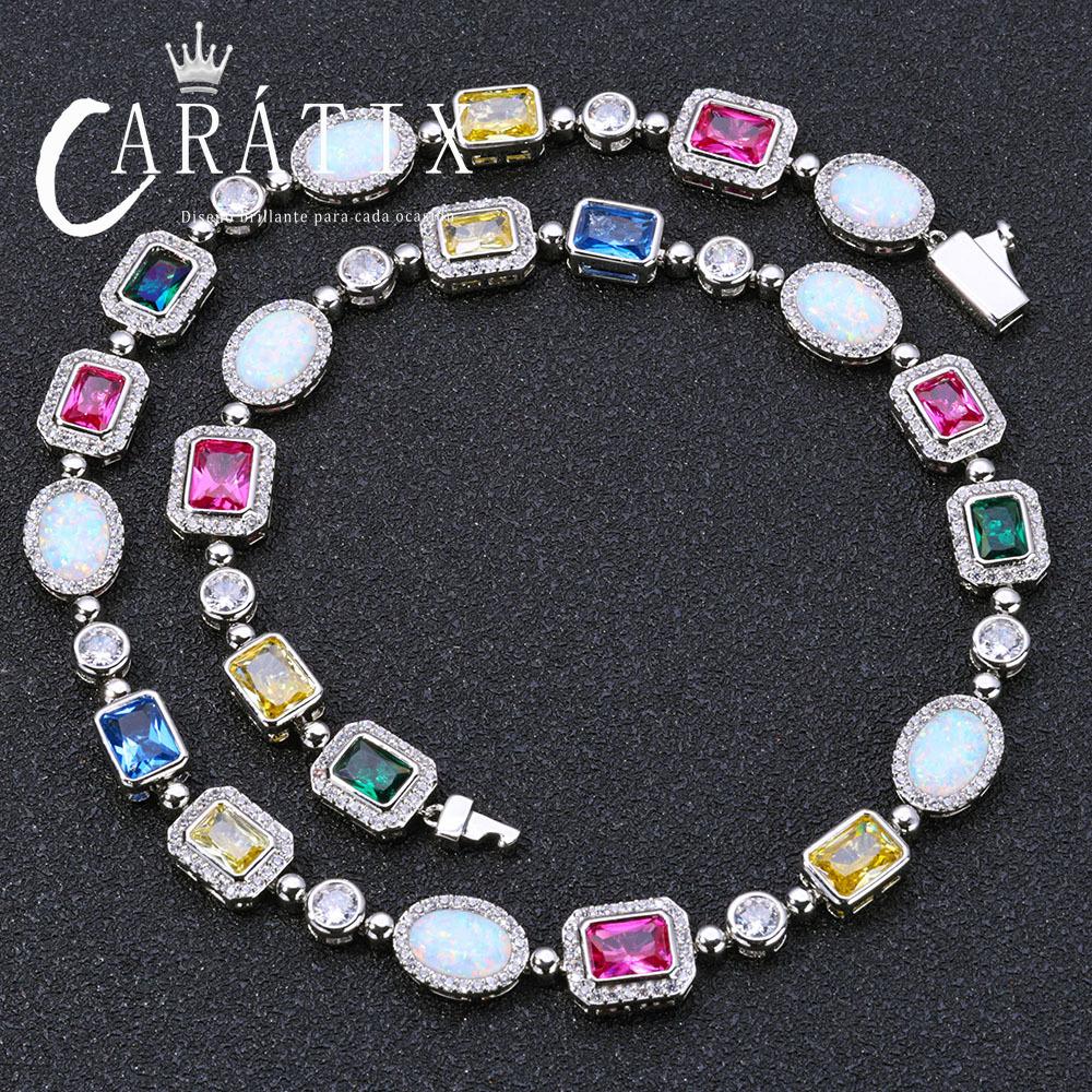 CARÁTIX - Rainbow Geometric Bling CZ Stone Chain Necklace Multicolor Round Oval Gemstone White  Choker for Women Men Valentine's Day Gift for Men & Girls & Boys Mothers' Day Gift #Springtok