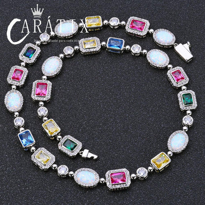 CARÁTIX - Rainbow Geometric Bling CZ Stone Chain Necklace Multicolor Round Oval Gemstone White  Choker for Women Men Valentine's Day Gift for Men & Girls & Boys Mothers' Day Gift #Springtok