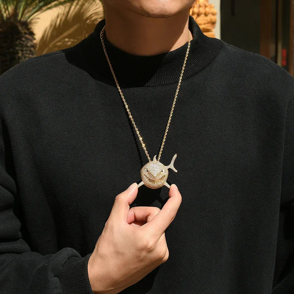 Shark Pendant Necklace with Micro-Pave Zircon and Full Look for Men | Caratix Jewelry - CaratixJewelry