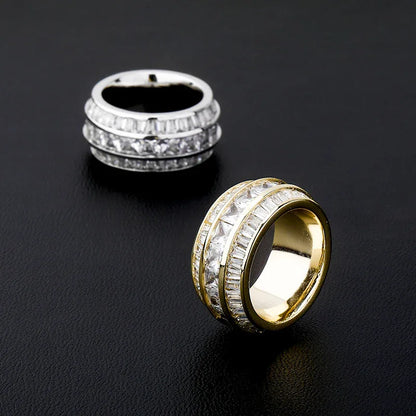 Men's Triple Row Baguette Ring | Iced Out 3-Row T-Stone Band | Caratix