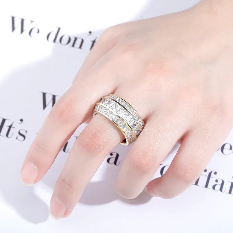 Men's Triple Row Baguette Ring | Iced Out 3-Row T-Stone Band | Caratix