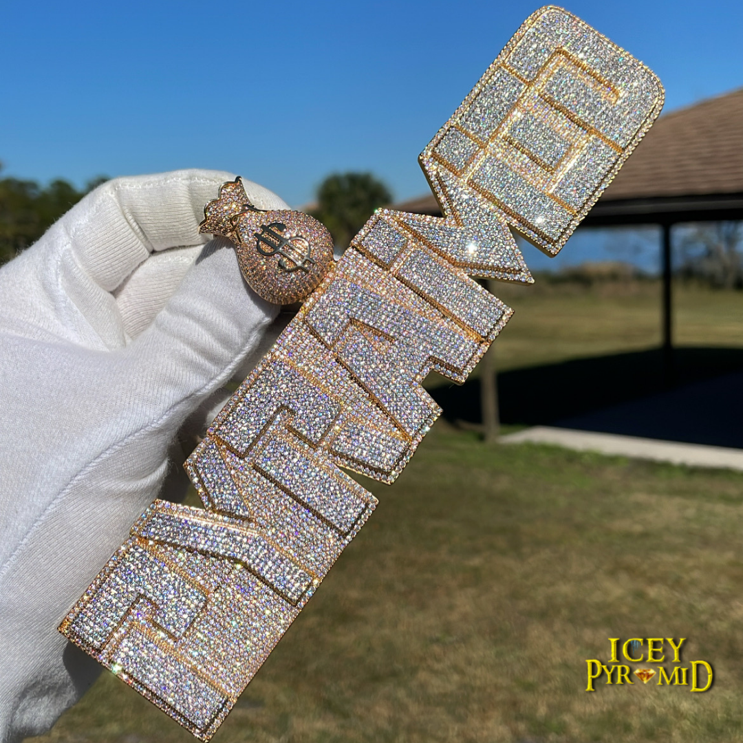 Money Bag Bail Two Layers Iced Out Personalized Custom Name Necklace Pendant