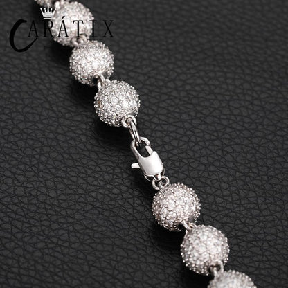 CARÁTIX 10mm Beads Link Chain Necklace – Full CZ Iced Out Hip Hop Bling Jewelry for Men & Women | Rapper Choker Gift