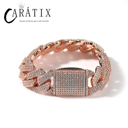 CARÁTIX 20mm 3-Row Square Cuban Link Chain Necklace – CZ Iced Out Heavy Hip Hop Bling Jewelry for Men | Rapper Gift