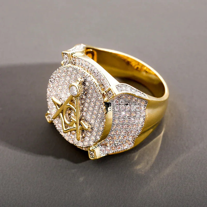Men's Iced Out Masonic Ring | Retro AG Compass & Square Signet | Caratix