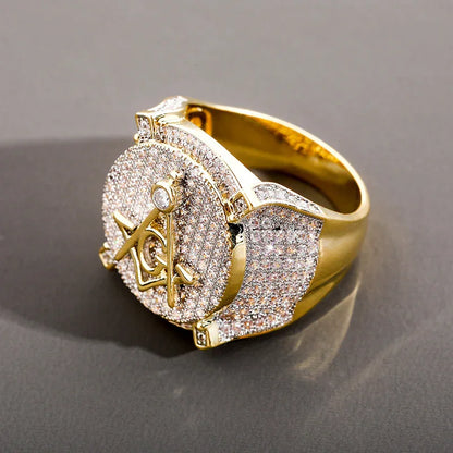 Men's Iced Out Masonic Ring | Retro AG Compass & Square Signet | Caratix