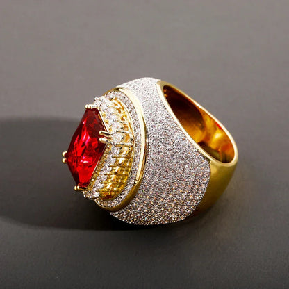 Men's Large Red Stone Ring | Vintage Iced Out Ruby Signet Band | Caratix