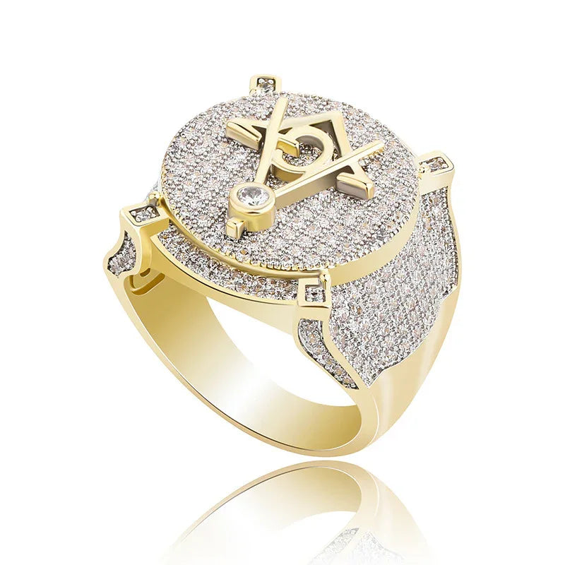 Men's Iced Out Masonic Ring | Retro AG Compass & Square Signet | Caratix