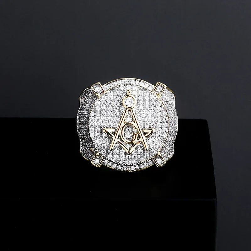Men's Iced Out Masonic Ring | Retro AG Compass & Square Signet | Caratix