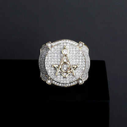 Men's Iced Out Masonic Ring | Retro AG Compass & Square Signet | Caratix