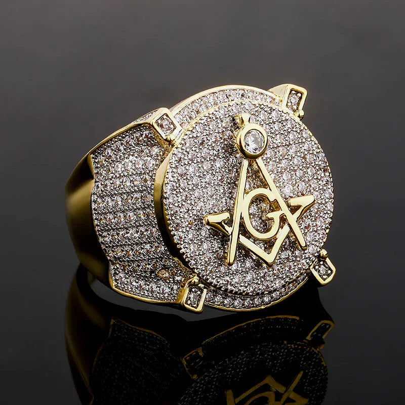 Men's Iced Out Masonic Ring | Retro AG Compass & Square Signet | Caratix