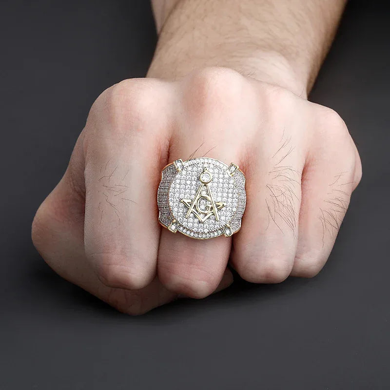 Men's Iced Out Masonic Ring | Retro AG Compass & Square Signet | Caratix