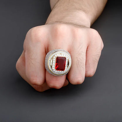 Men's Large Red Stone Ring | Vintage Iced Out Ruby Signet Band | Caratix
