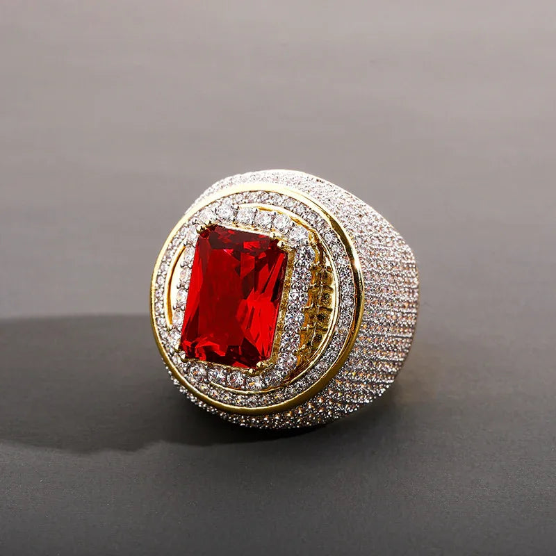 Men's Large Red Stone Ring | Vintage Iced Out Ruby Signet Band | Caratix