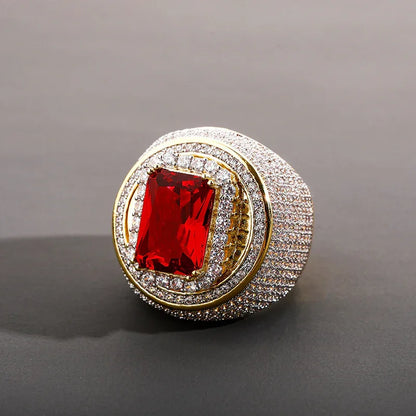 Men's Large Red Stone Ring | Vintage Iced Out Ruby Signet Band | Caratix