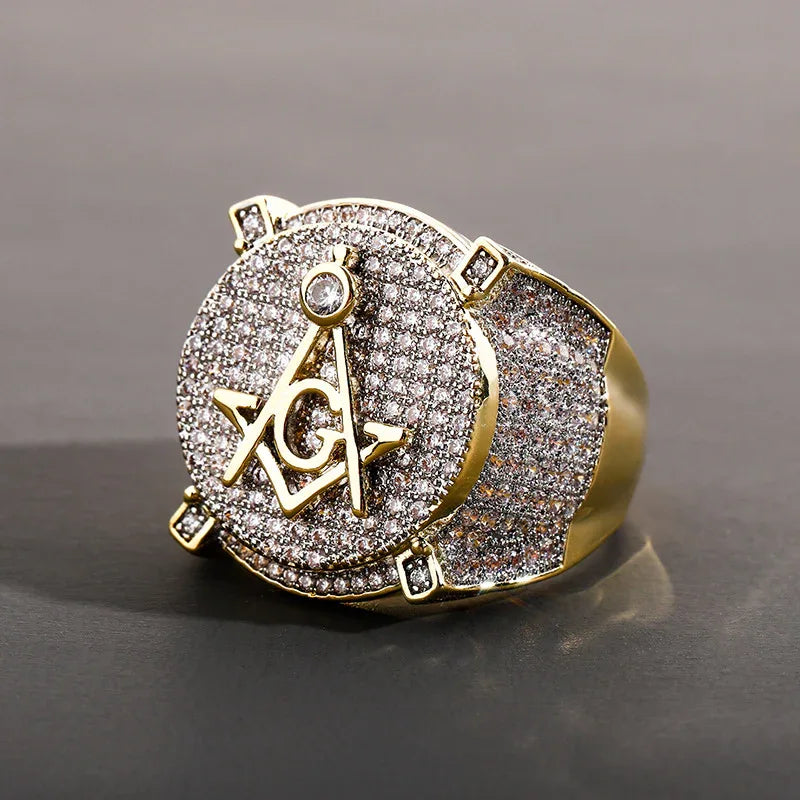 Men's Iced Out Masonic Ring | Retro AG Compass & Square Signet | Caratix
