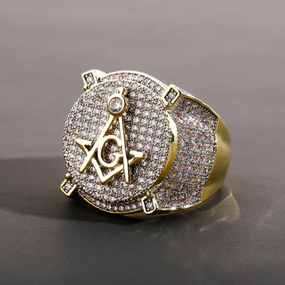 Men's Iced Out Masonic Ring | Retro AG Compass & Square Signet | Caratix