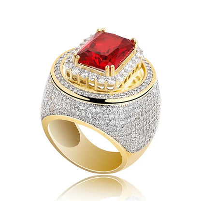 Men's Large Red Stone Ring | Vintage Iced Out Ruby Signet Band | Caratix