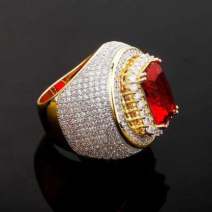 Men's Large Red Stone Ring | Vintage Iced Out Ruby Signet Band | Caratix