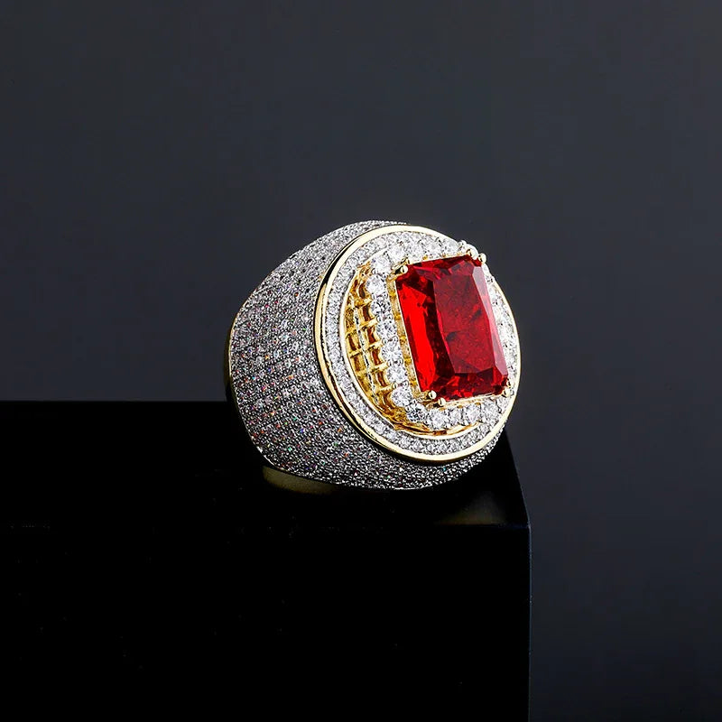 Men's Large Red Stone Ring | Vintage Iced Out Ruby Signet Band | Caratix