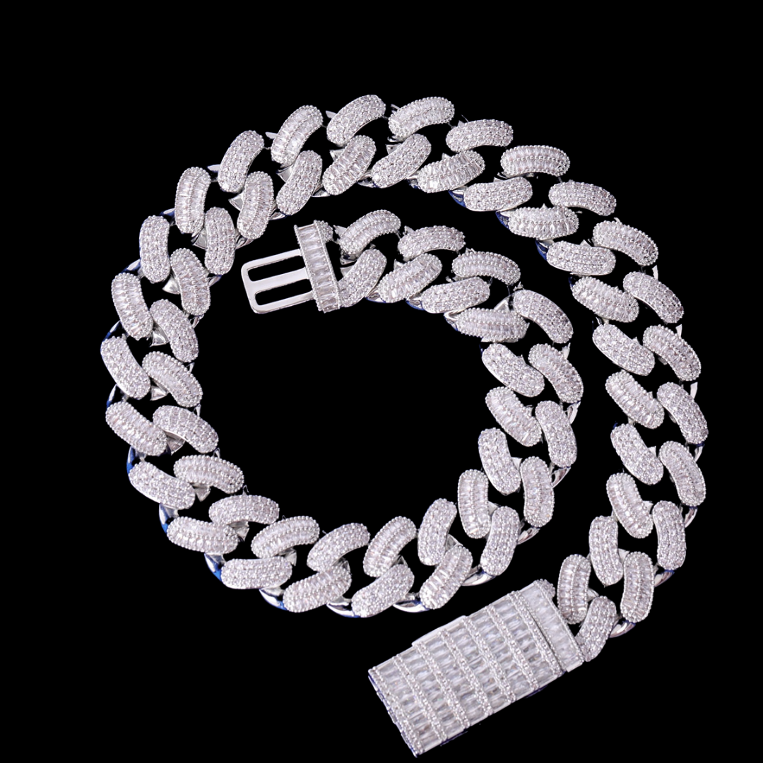20MM Stones and Baguette Cuban Link Iced Out Diamond Necklace Chain 