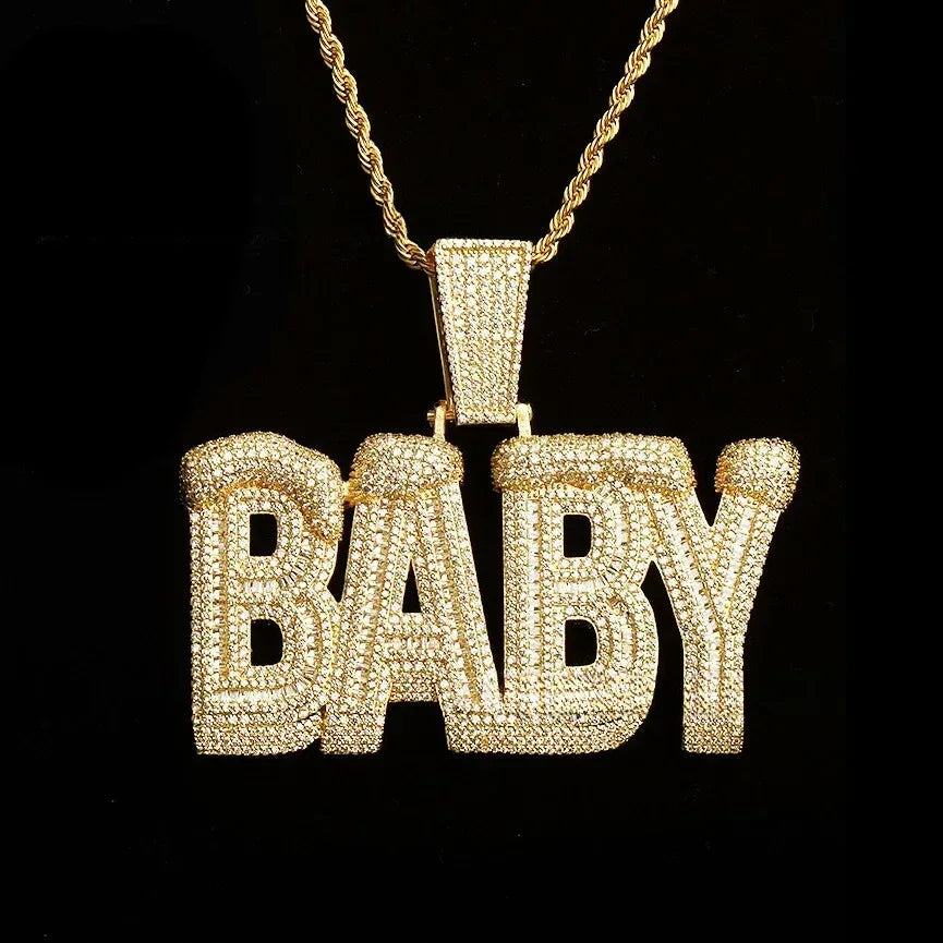 Iced Out "BABY" Letter Pendant | Unisex Real Copper CZ Necklace - CaratixJewelry
