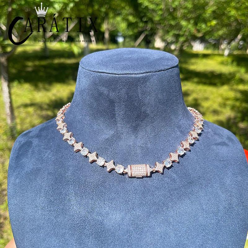 CARÁTIX Star & Round Tennis Chain | 5A+ CZ Iced Out Hip Hop Necklace for Men (Rose Gold Silver)