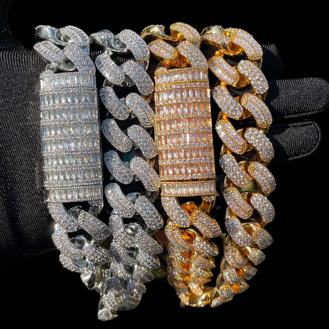 20MM Stones and Baguette Cuban Link Iced Out Diamond Necklace Chain 