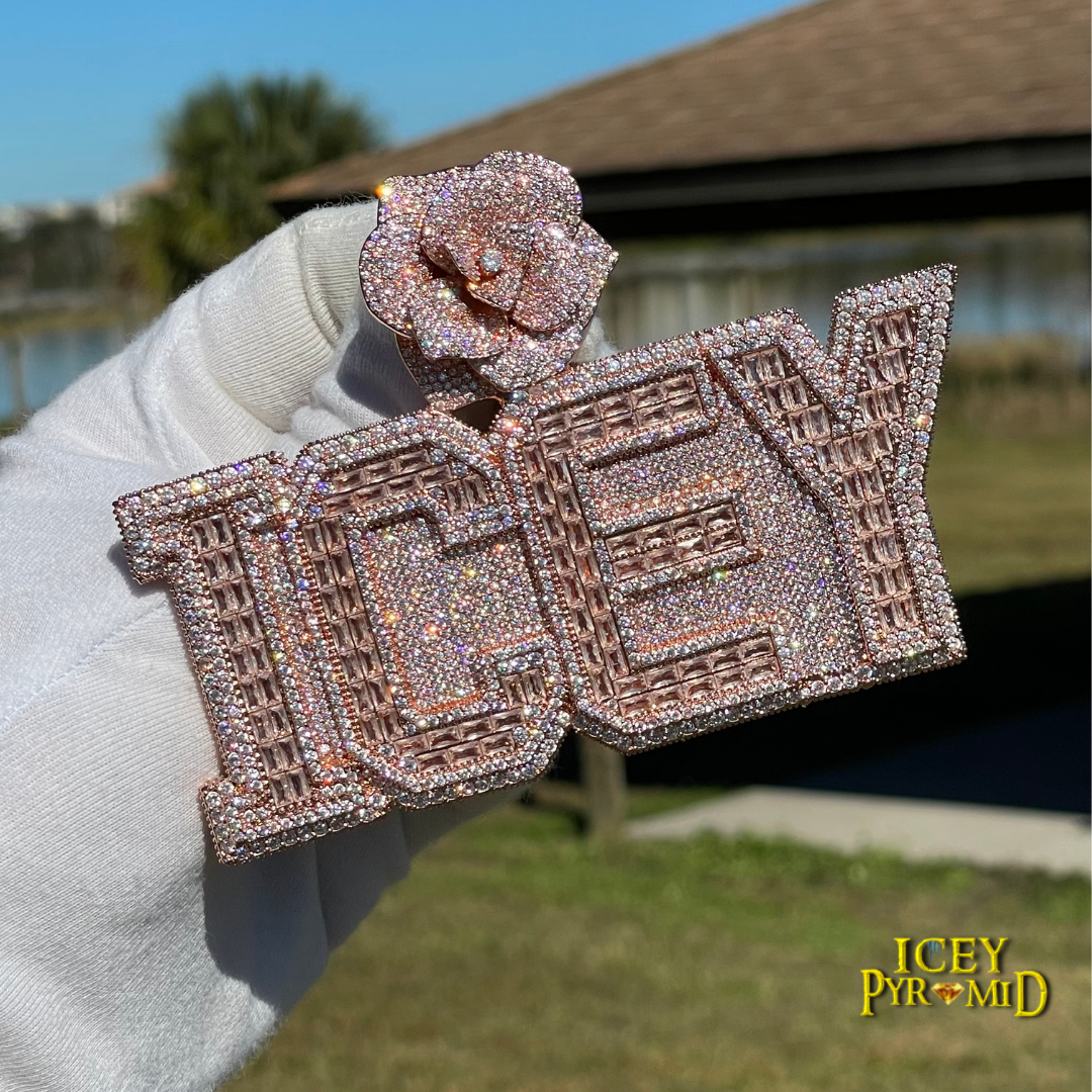 Rising Rose Edition Iced Out Personalized Custom Name Necklace Pendant with Rose Flower Bail - Luxury Jewelry